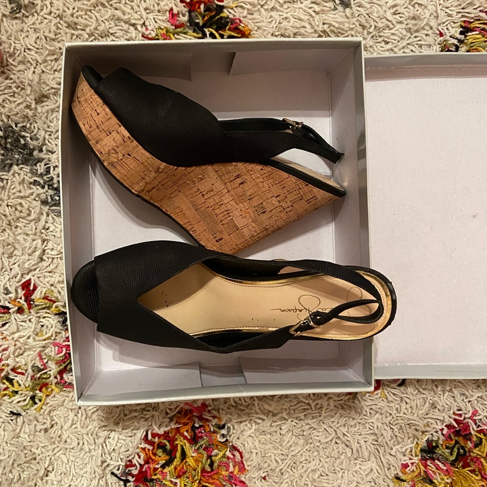 Jessica Simpson - Black Cork Platform, Slingback Wedges Size 10 - Almost New